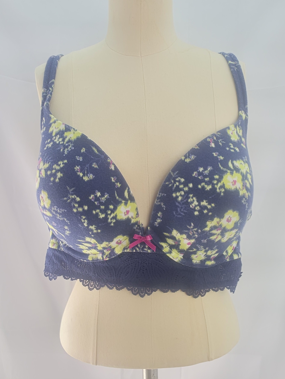Cacique Navy Blue Floral Lace Trim Padded Bra 44B